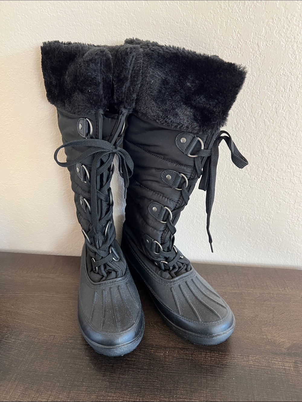 Athletech Black Tall Lace-Up Winter & Rain Boots with Faux Fur Collar